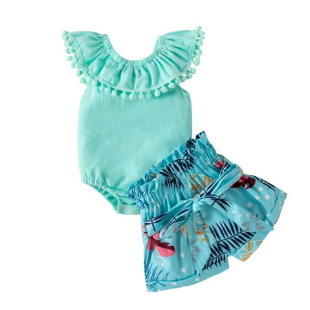 

XINSHIDE Infant Baby Girls Summer Tassels Off Shoulder Romper Tops + Bow Floral Shorts Outfits Set 0-18 Months Baby Girl Clothes