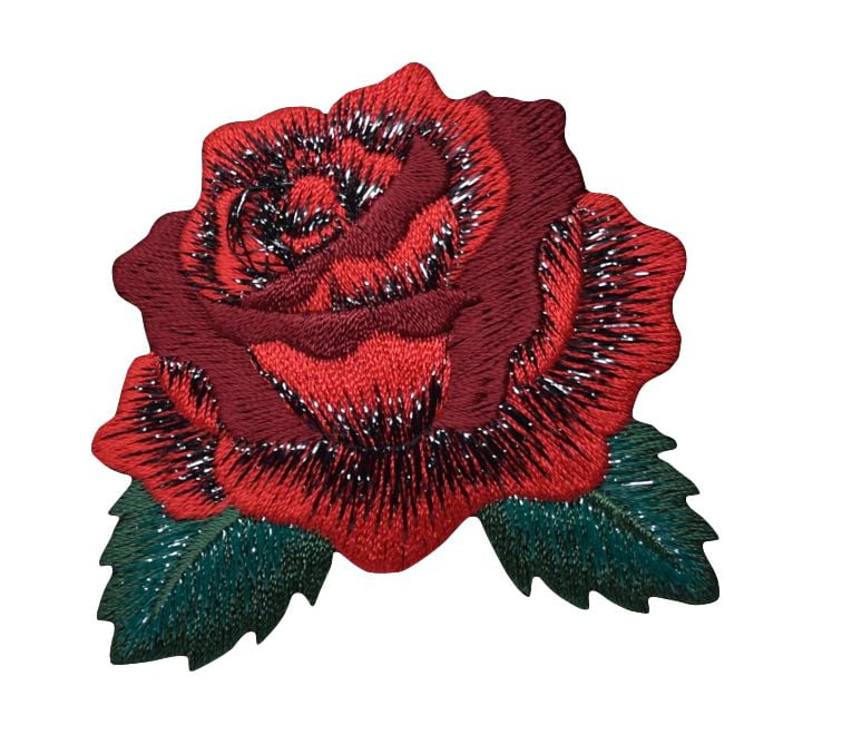 RED ROSE 'VELVET' FLOWER STEM 4inch SEW IRON ON  PATCH BADGE EMBROIDERY APPLIQUE