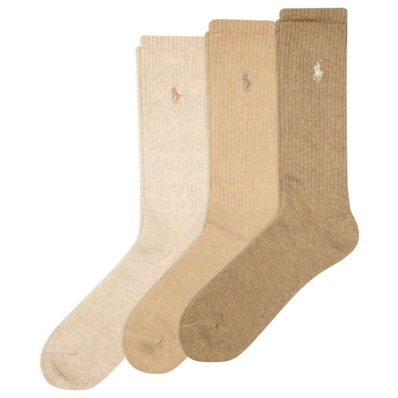Polo Ralph Lauren Men's Ribbed Casual Crew Socks -3 Pair Pack- Cotton Comfort & Heel-toe Reinforcement, Oatmeal Heather, 6-12.5