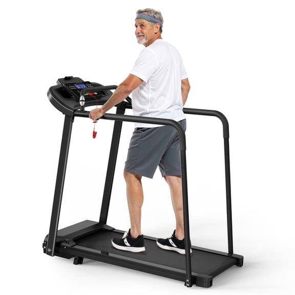 Walking Pad Treadmill for Seniors, Folding Walking Treadmill with Long Handrails, 2.5HP Quiet Motor, LED Display, Shock Absorption System, 300 Lbs Capacity for Home