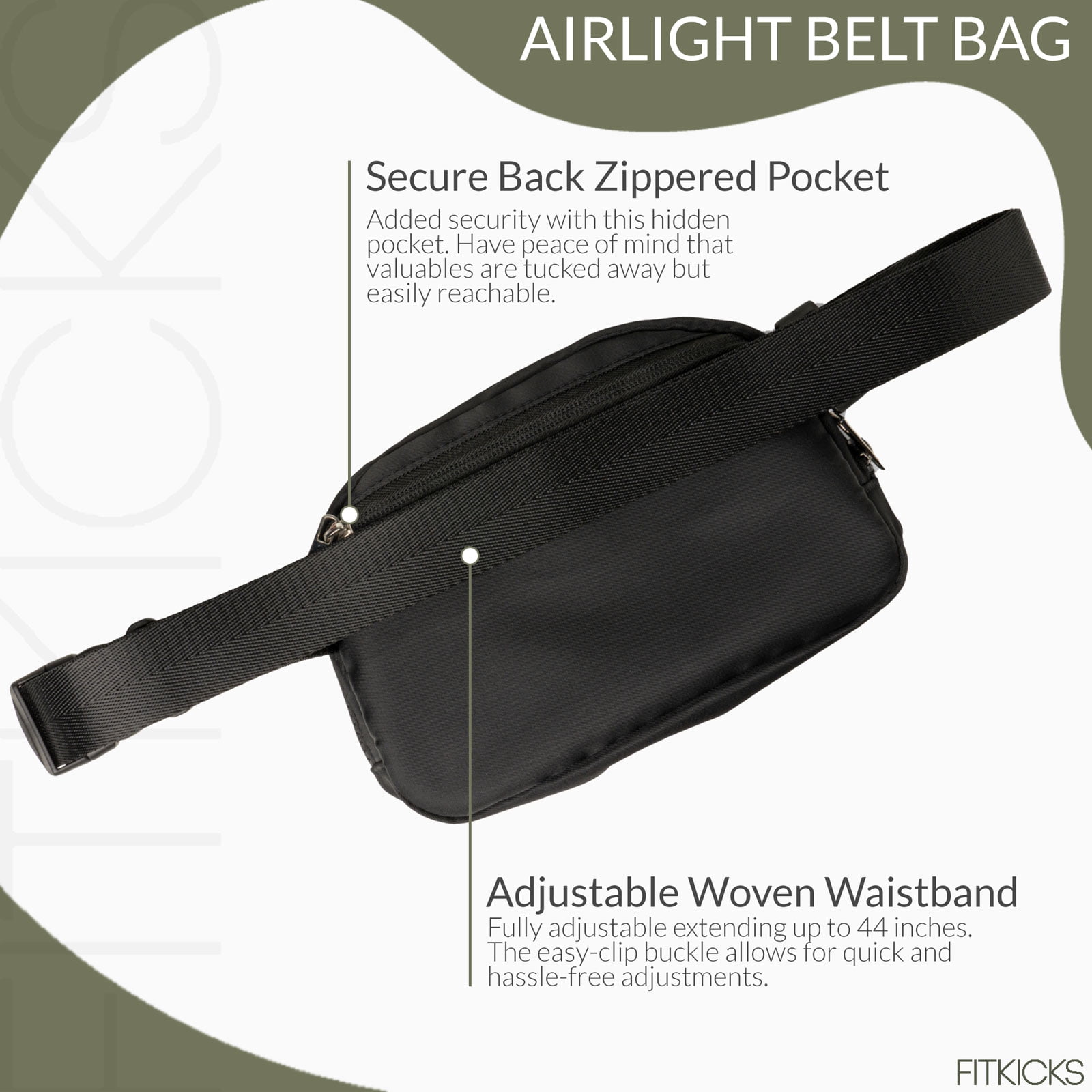 FITKICKS Airlight Belt Bag Lightweight Fanny Pack, Waist Pouch with Adjustable Strap - Black