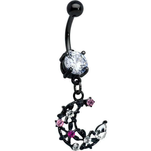 Body Candy Womens 14G 316L Stainless Steel Black Navel Ring Piercing Flower Moon Mens Dangle Belly Button Ring