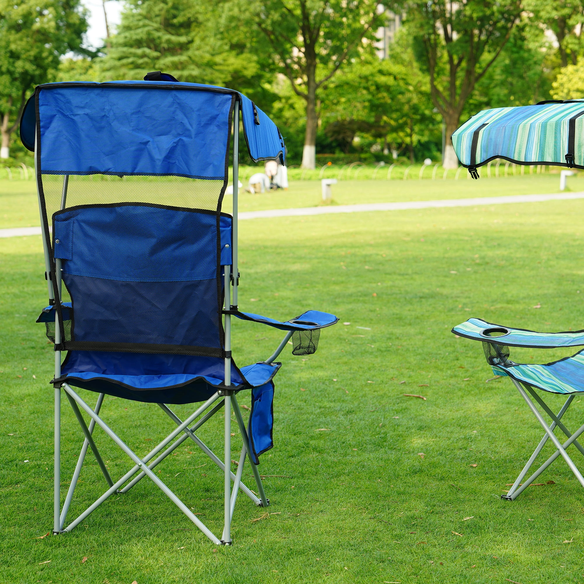FlexWave Folding Camp Chair，Portable Outdoor Chair，with Shade & Cup Holder，for Camping, Beach, Fishing, and Sports Events