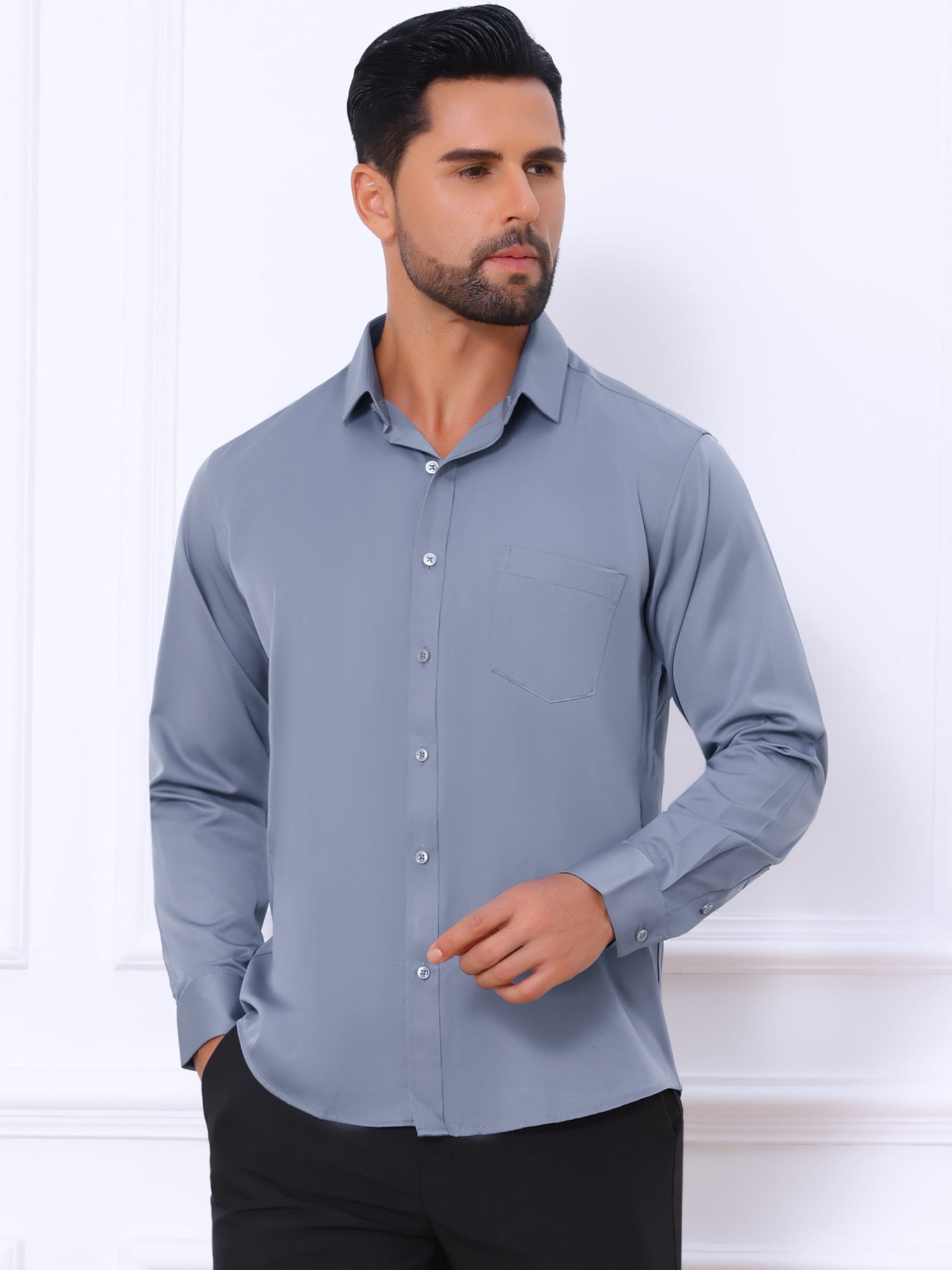 DARING DIVA Men's Point Collar Button Long Sleeve Business Shirts S Gray