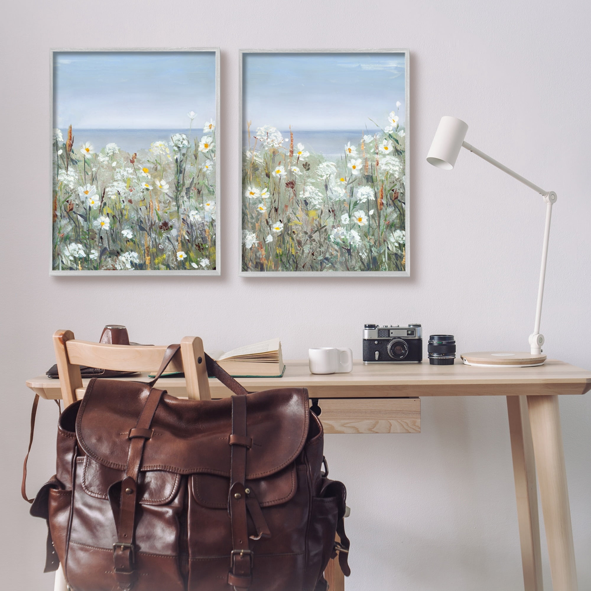 Stupell Industries Beachside Wild Flowers Blooming Distant Ocean Scene Painting Gray Framed Art Print Wall Art, Set of 2, Design by Sally Swatland