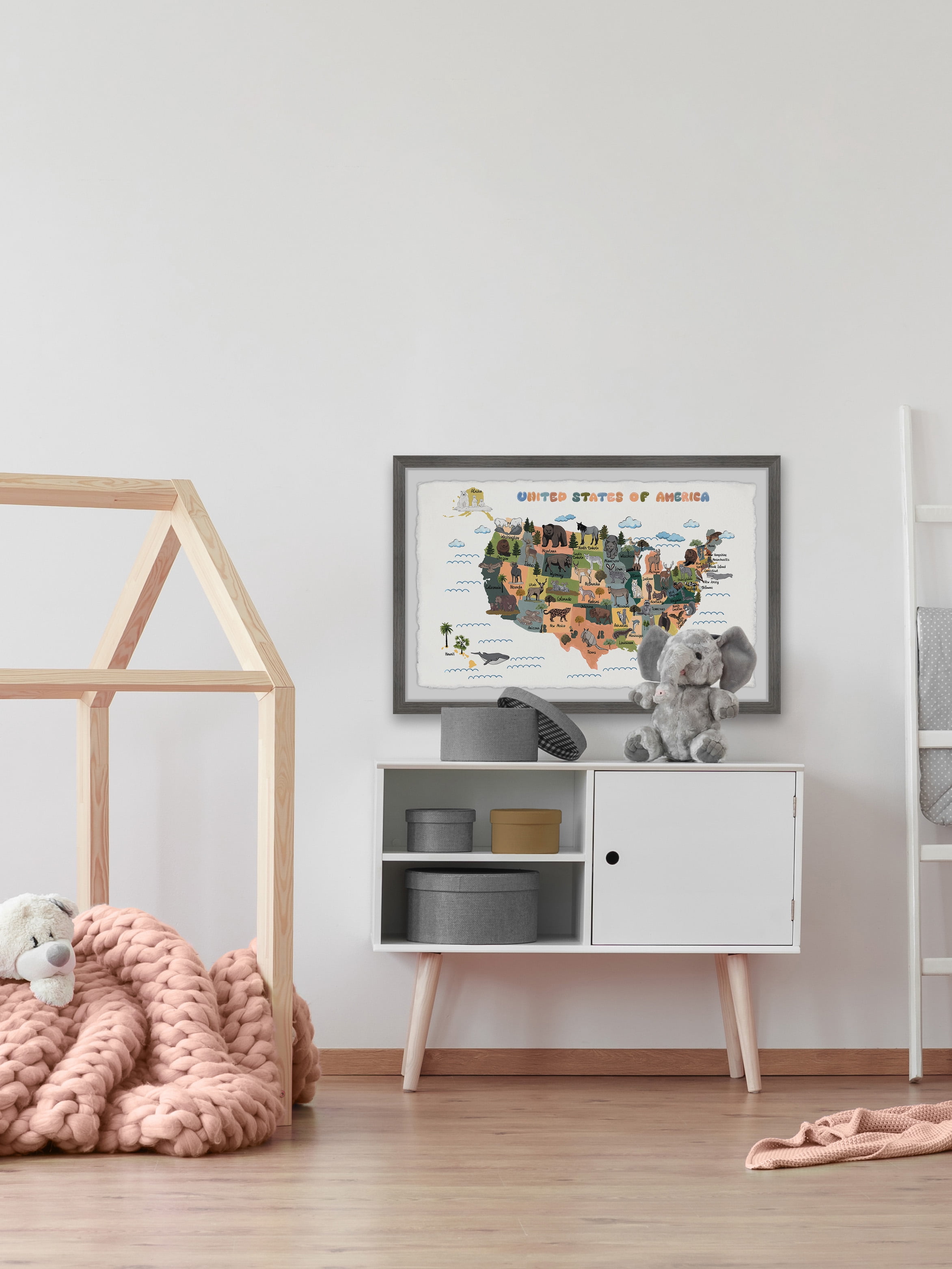 Marmont Hill Colorful US Animals Map Framed Wall Art