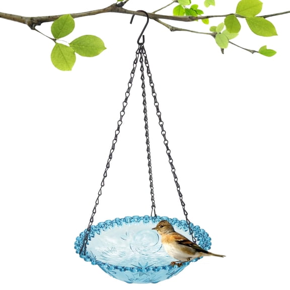 Hanging Glass Bird Bath - Outdoor Drinking Feeder for Hummingbirds and Wild Birds - Water Bowl for Garden, Yard, Patio Decor, Blue single layer