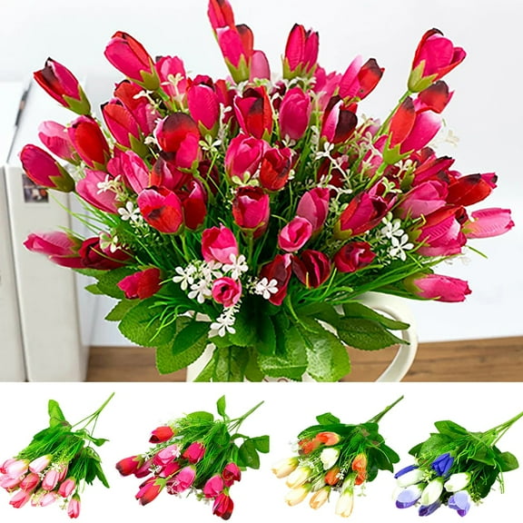 Walbest Simulation Tulip Flower, 1 Bouquet 15 Heads Artificial Flower Eco-friendly Faux Silk Fake Tulip Bud Plant for Wedding Party Home Office Decor