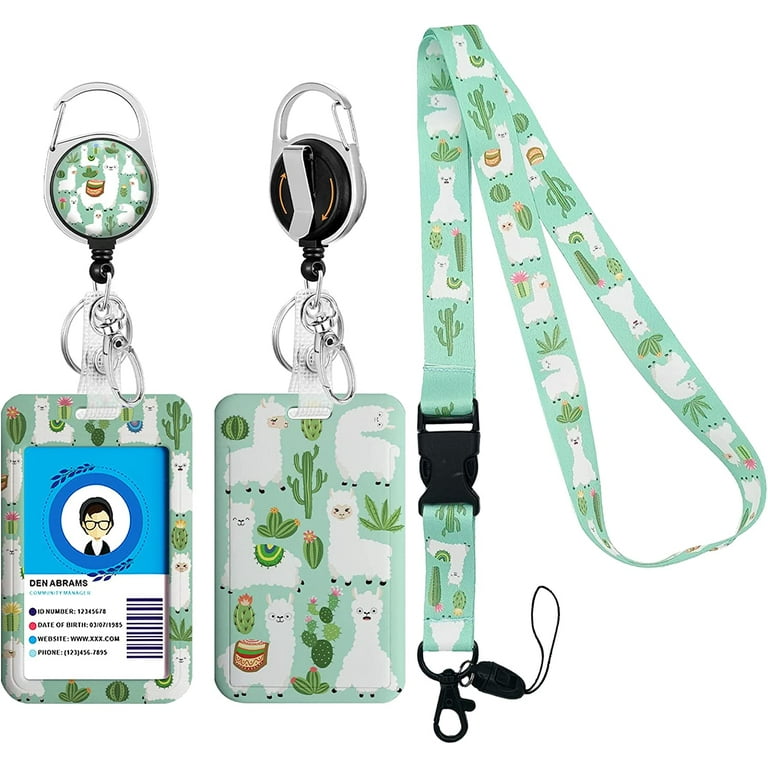 Cute Alpaca&Cactus Lanyards Detachable for Id Badges, Green Plants Retractable  ID Badge Holder, Fashionable Badge Reel Heavy Duty with 360 Degrees Rotate  Carabiner Clip, Nurse Teacher Office Gifts 