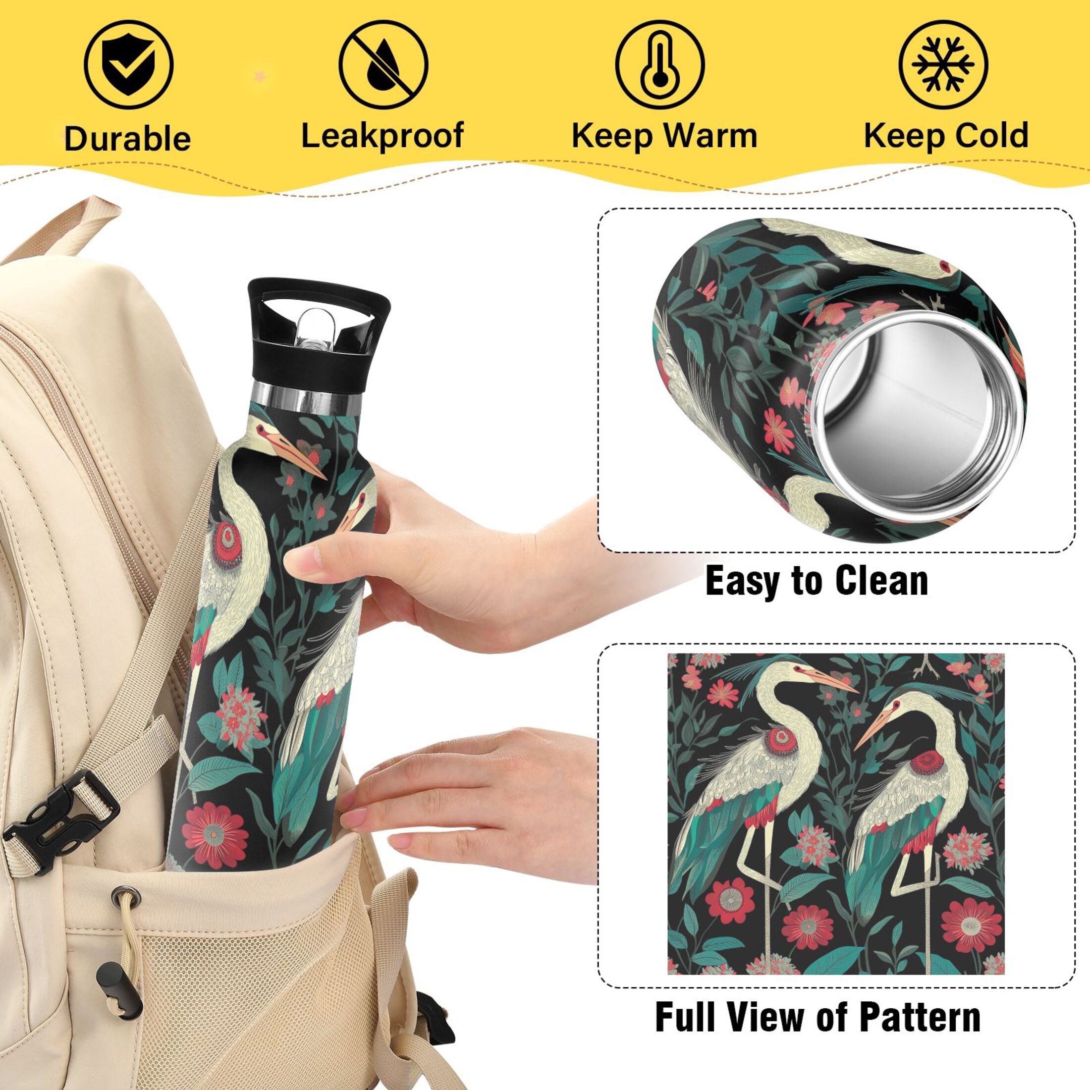 600ML Stainless Steel Insulated Cup Sports Water Bottle Portable Thermos Cup Water Glasses Insulated Tumblers Convenient and Durable Two Cranes