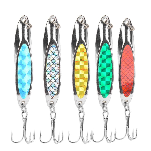 5 señuelos de pesca artificiales de metal con lentejuelas de colores, cebos duros para pesca en el mar con anzuelos.