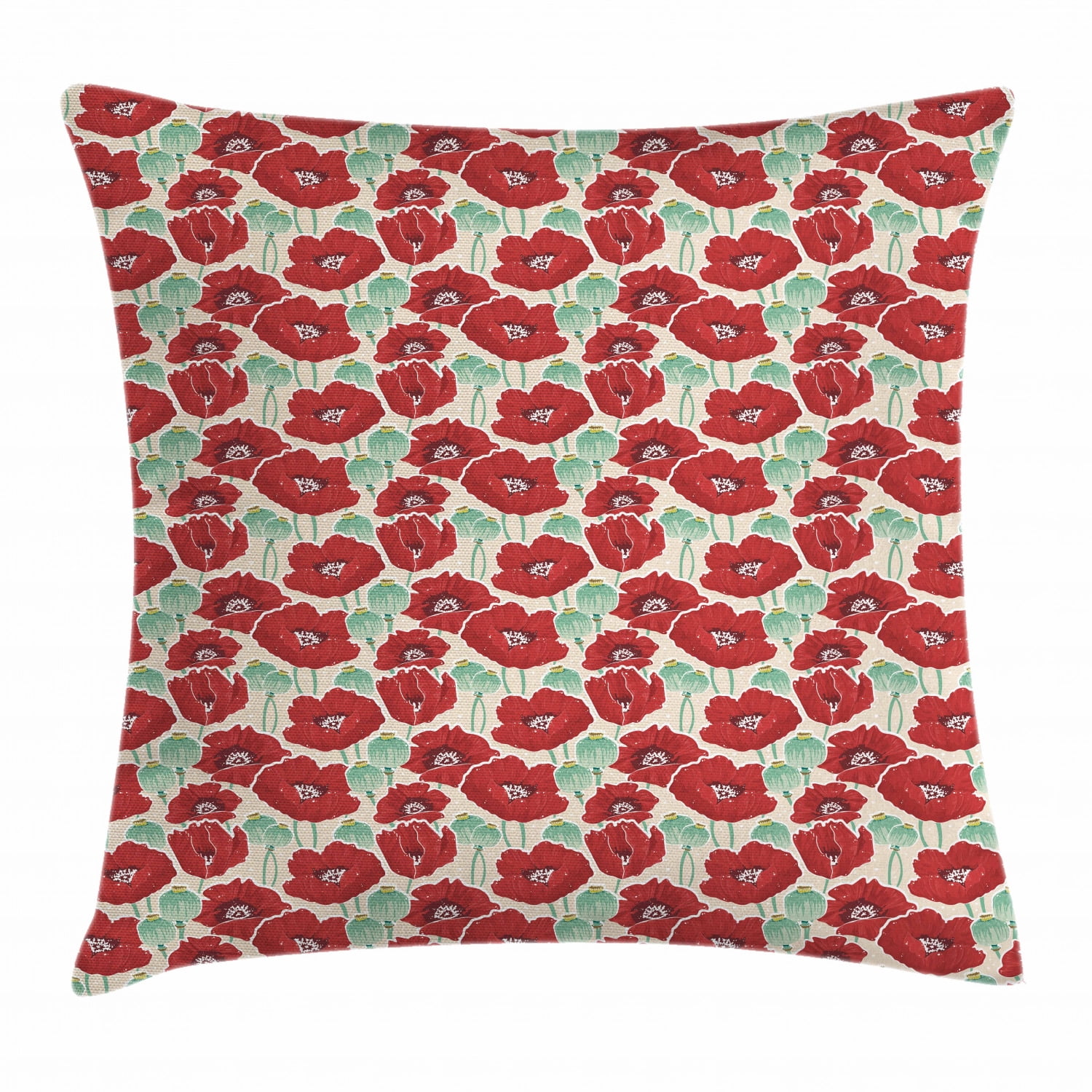 Poppy Throw Pillow Cushion Cover, Spring Garden Pattern with Red