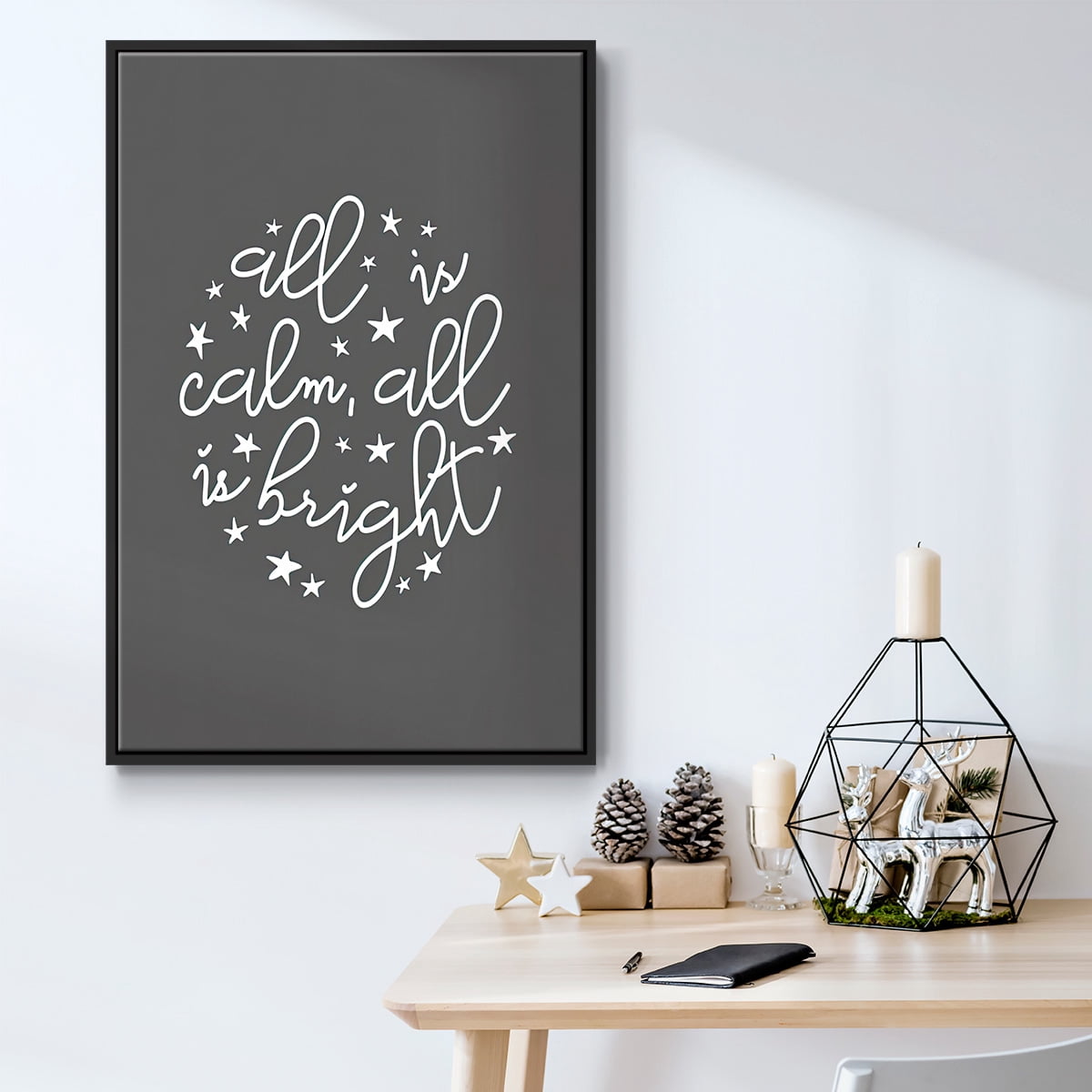 All is Calm, All is Bright - Dark Gray - Framed Gallery Wrapped Holiday Canvas - 17 x 25 - Black Frame