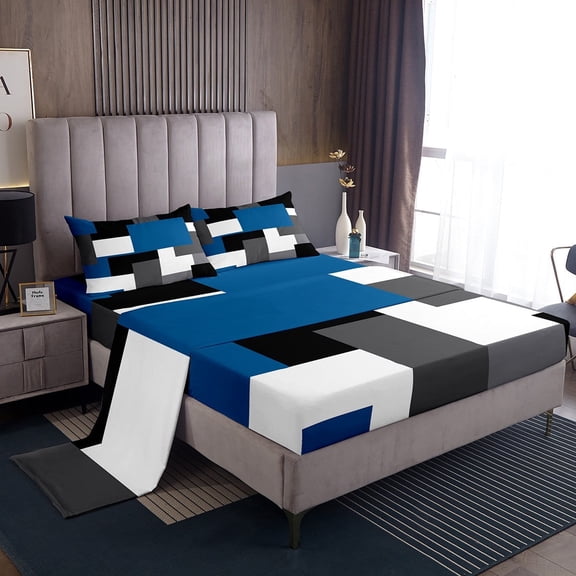 Erosebridal Geometric Sqare Sheet Set Twin,Abstract Artwork Bedding Sets Twin Size,Grey Blue Twin Sheet Sets,Ultra Soft Rectangle Room Decor,3pcs