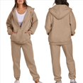 thumbnail image 1 of Sudadera con Capucha y Cremallera para Mujer, de Larga, Color Liso, Informal, de Otoño, con Chaqueta y Pantalón Caqui S, 1 of 6