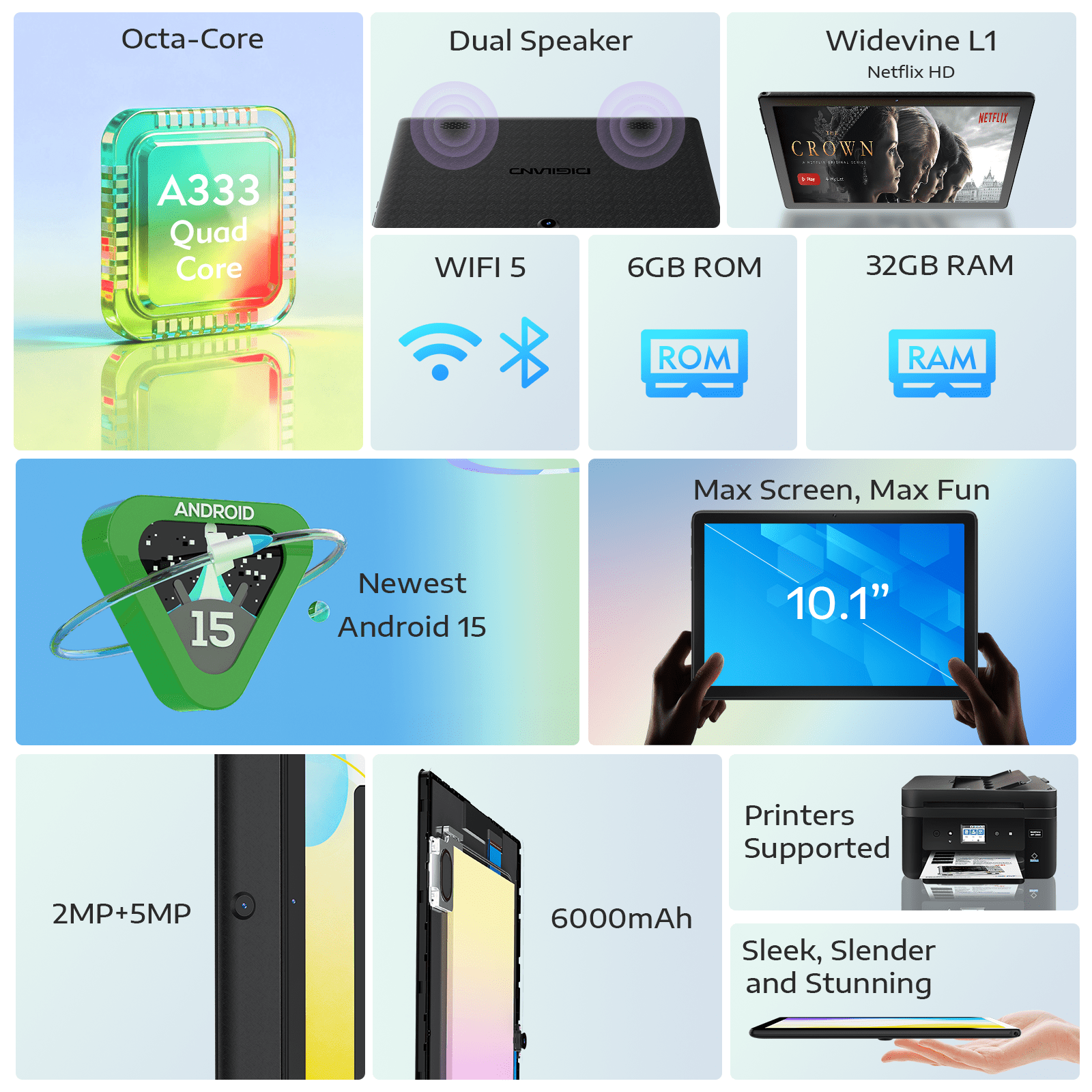 Digiland 10.1 Inch Tablet Android 15,10.1" IPS HD Display,6000mAh Battery,8GB RAM+64GB+256GB Expandable Storage,Dual Camera,WiFi,BT 5.0