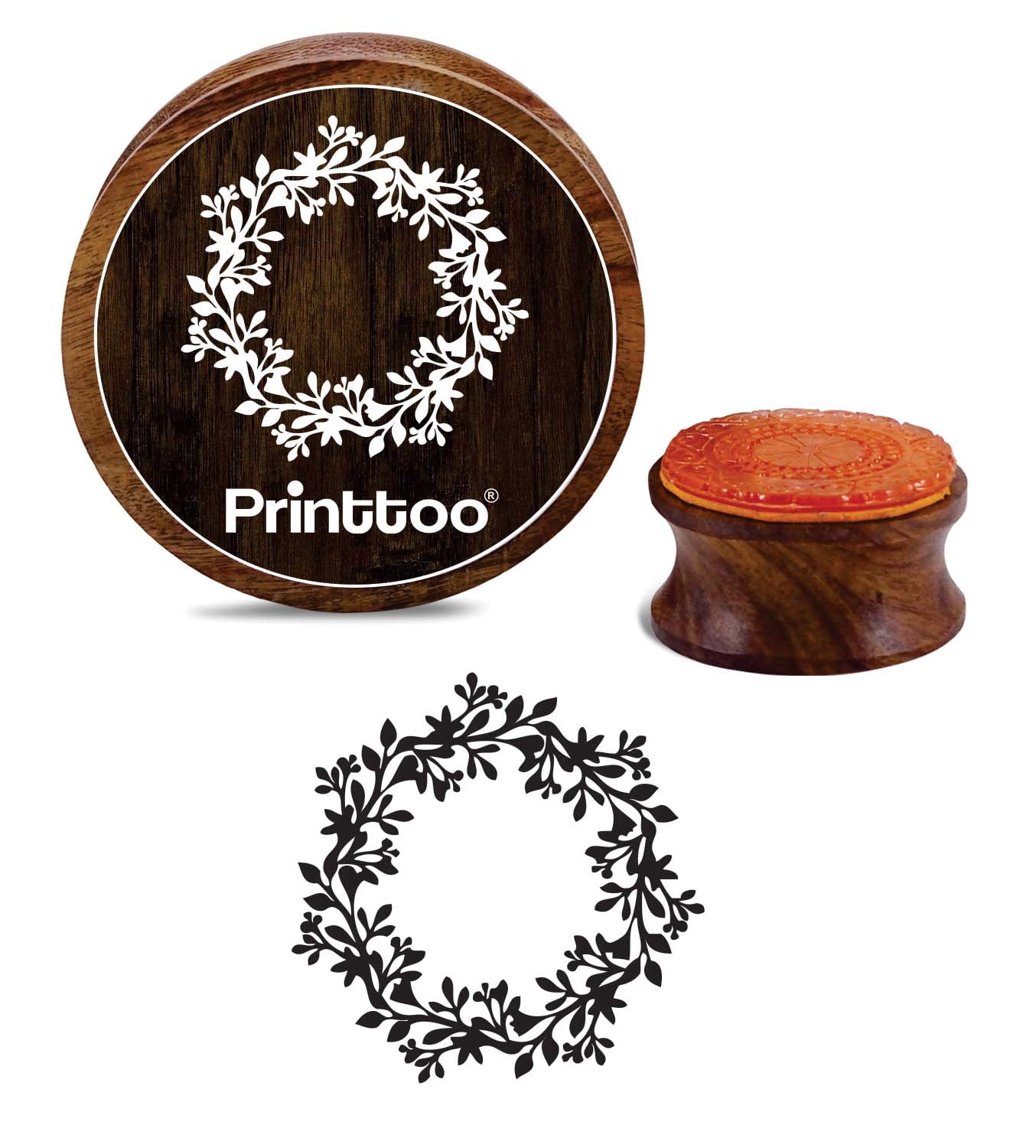 Printtoo Flower Wreath Brown Round Wooden Rubber Stamp Card Making Stamps4 Inch