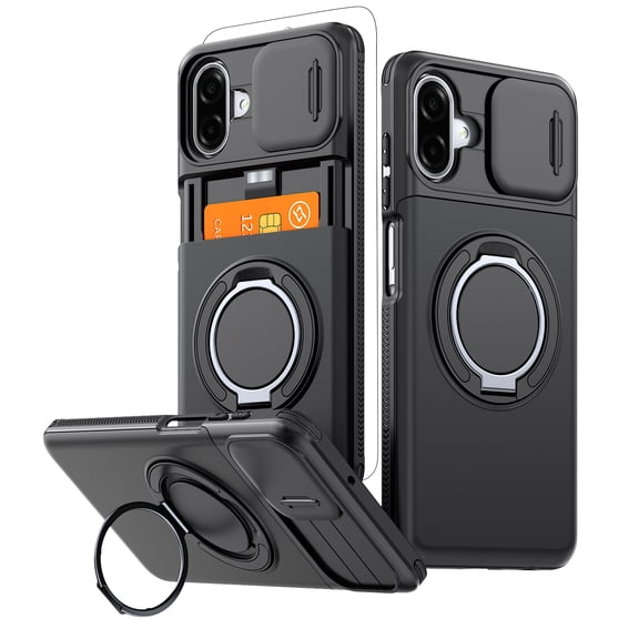 Dteck Case with Tempered Glass Screen Protector for Samsung Galaxy A07,Shockproof TPU PC Case Card Holder with Ring Kickstand Slide Lens Protection Cover,Black