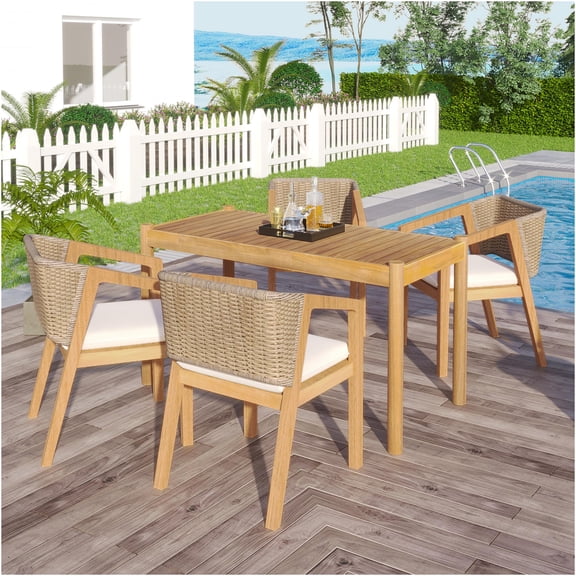 JERFIT 5-Piece Acacia Wood Outdoor Patio Dining Set with Table and 4 Padded Chairs, Water-Resistant Teak Finish and Beige Cushions for Garden, Backyard, Poolside