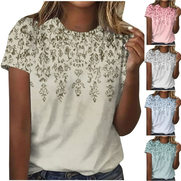 Brondbend Womens Tshirts Woman Top Crewneck Short Sleeved Print Blouse Comfortable Loose Fit Ladies Tops Work Spring Summer Clothes Blue