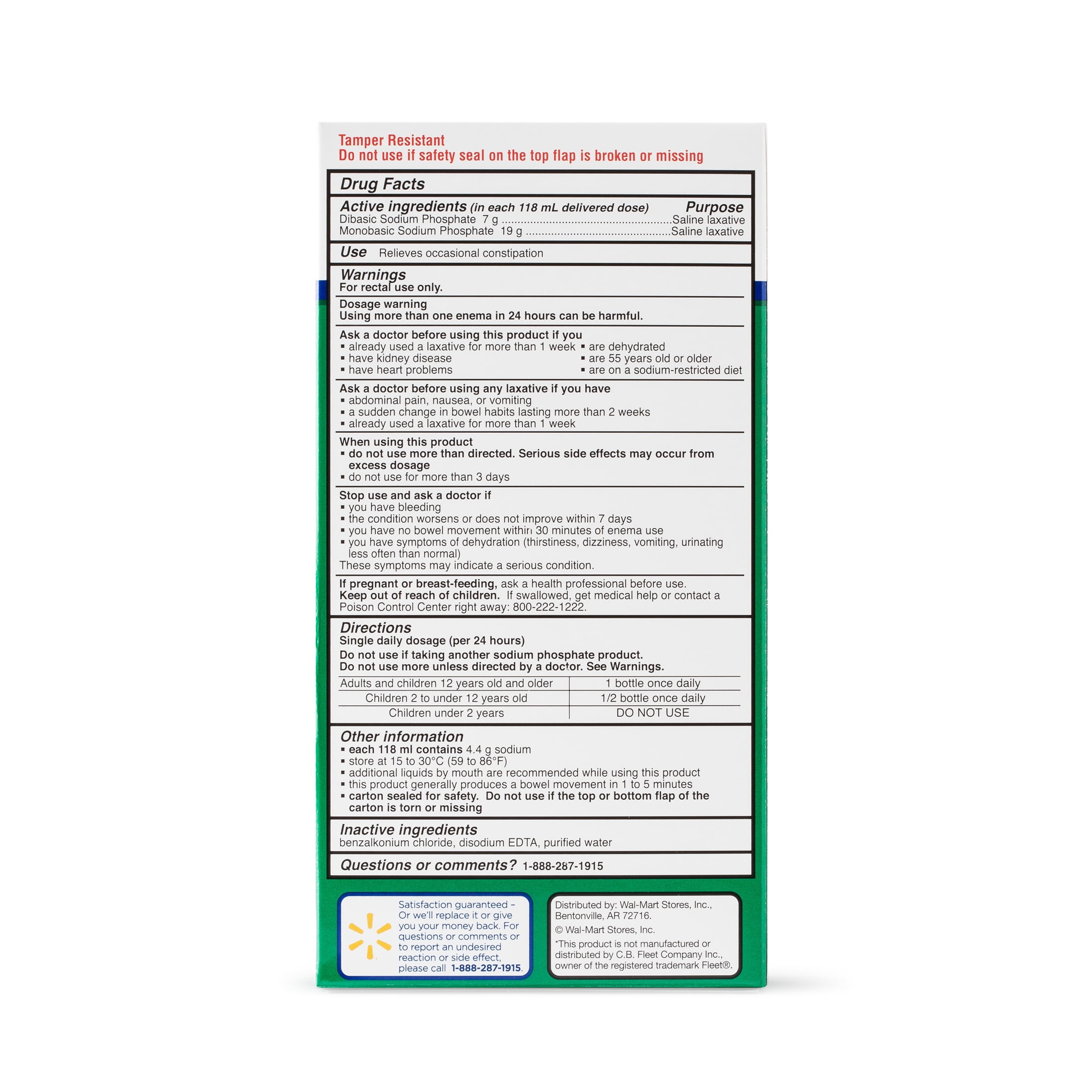 Equate Enema Saline Laxative Sodium Phosphates Rectal Solution, 4.5 fl oz each, 2 Counts