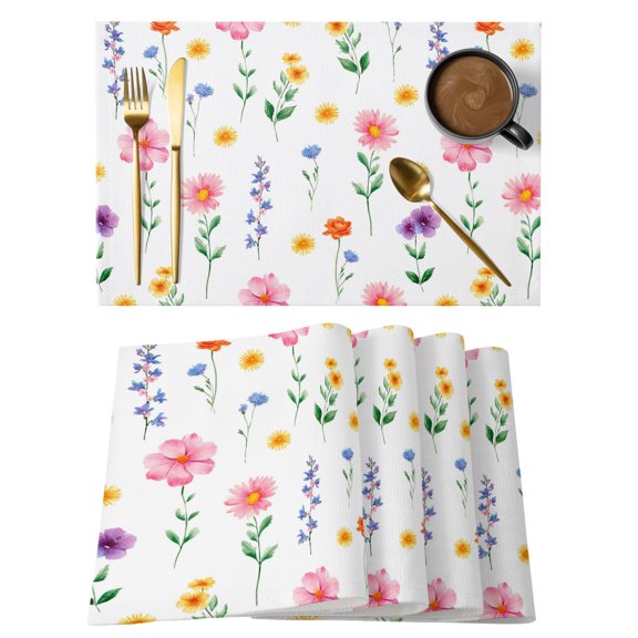 Spring Summer Wildflowers Placemats Set of 2, Pink Green Yellow Floral Non-Slip Place Mats Washable Table Mats for Kitchen Dining Table Decorations Indoor/Outdoor