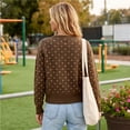 thumbnail image 3 of Womens Polka Dot Knit Cardigan Round Neck Single Button Long Sleeve Cropped Sweater Coat Lightweight Knitted Open Front Cardigan Casual Outerwear Brown L, 3 of 3