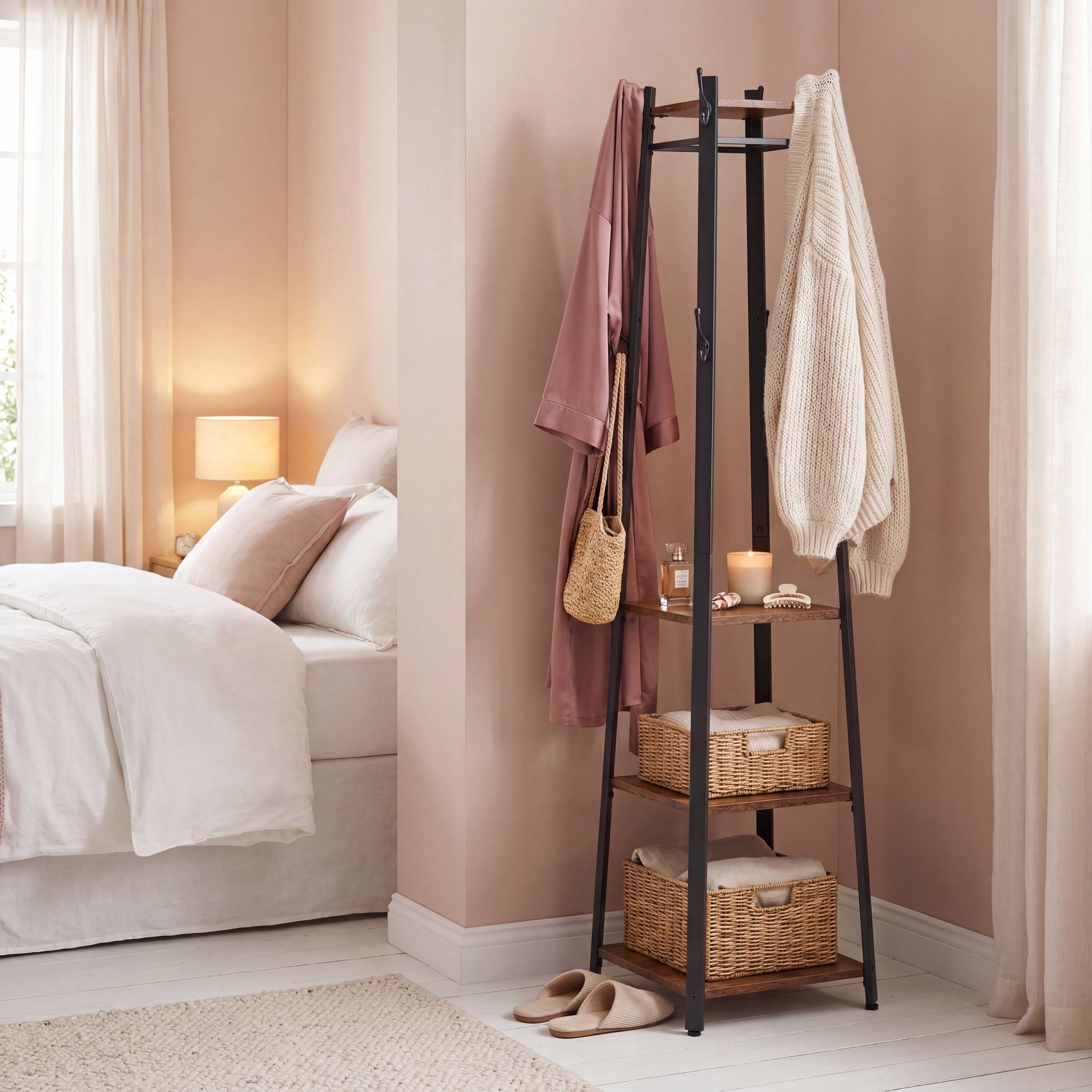 Nordic Hygge 71.5 in. Industrial Coat Rack with 8 Hooks and 3-Tier Storage Shelves, Rustic Brown and Black