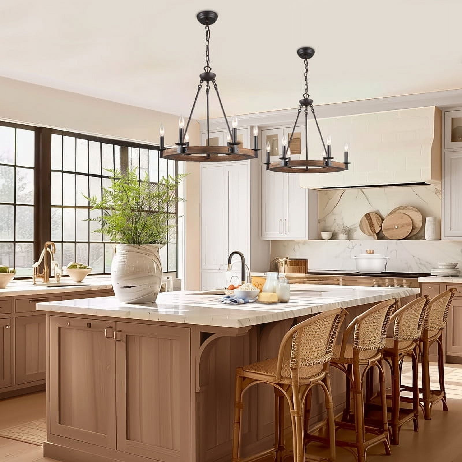 LNC 6-Light Wagon Wheel Chandelier with Wood Frame and Bronze Accents