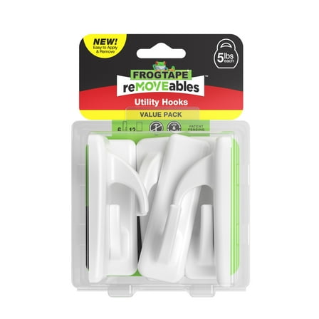 FrogTape reMOVEables Large White Utility Hooks, 6 Hooks and 12 Adhesive Strips