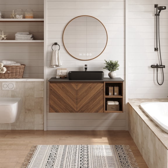 FHKJ HOME 36" Floating Bathroom Vanity with Sink, Black Sintered Stone Top Wood Cabinet
