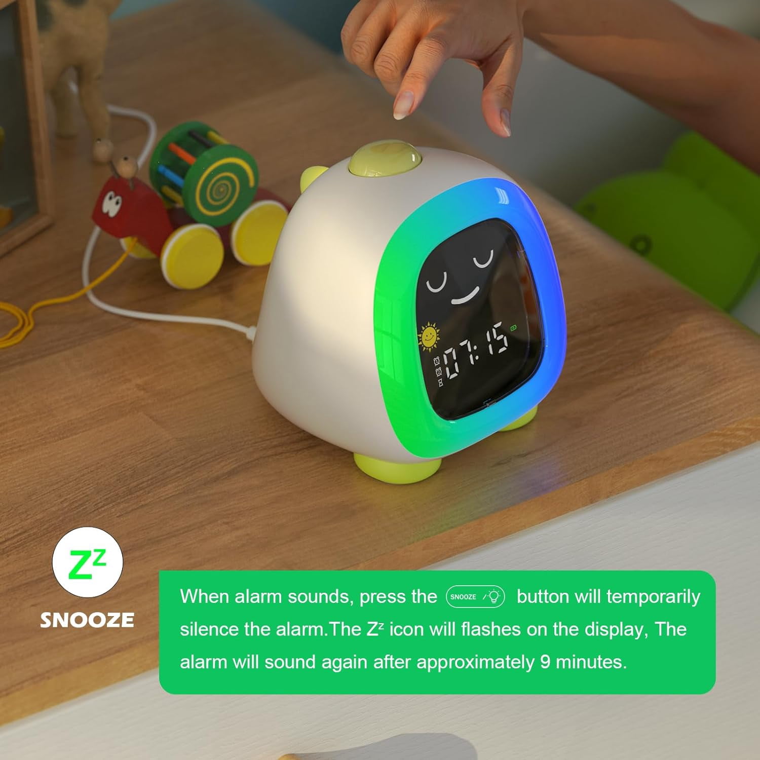 Hansang Kids Alarm Clock with 6-Color Night Light, Sleep Training OK to Wake Clock with Timer, Cute Green Dinosaur Design for Boys and Girls