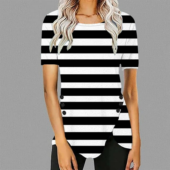 Womens Tops Plus Size under $5 Striped Short Sleeve Round Neck Button Irregular Hem Printed Casual Blouse Black L