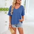 thumbnail image 2 of idosla Oversized Cropped Tshirts for Women Short Half Sleeve V Neck Tops Summer Flowy Split Hem Basic Tee Shirts (Navy, S), 2 of 6
