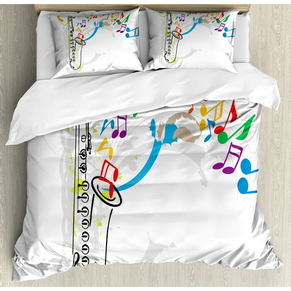Jazz Music Duvet Cover Set, Celebration Festival Theme Colorful Art with Music Notes and Saxophone, Decorative 3 Piece Bedding Set with 2 Pillow Shams, King Size, Orange Green Red, by Ambesonne