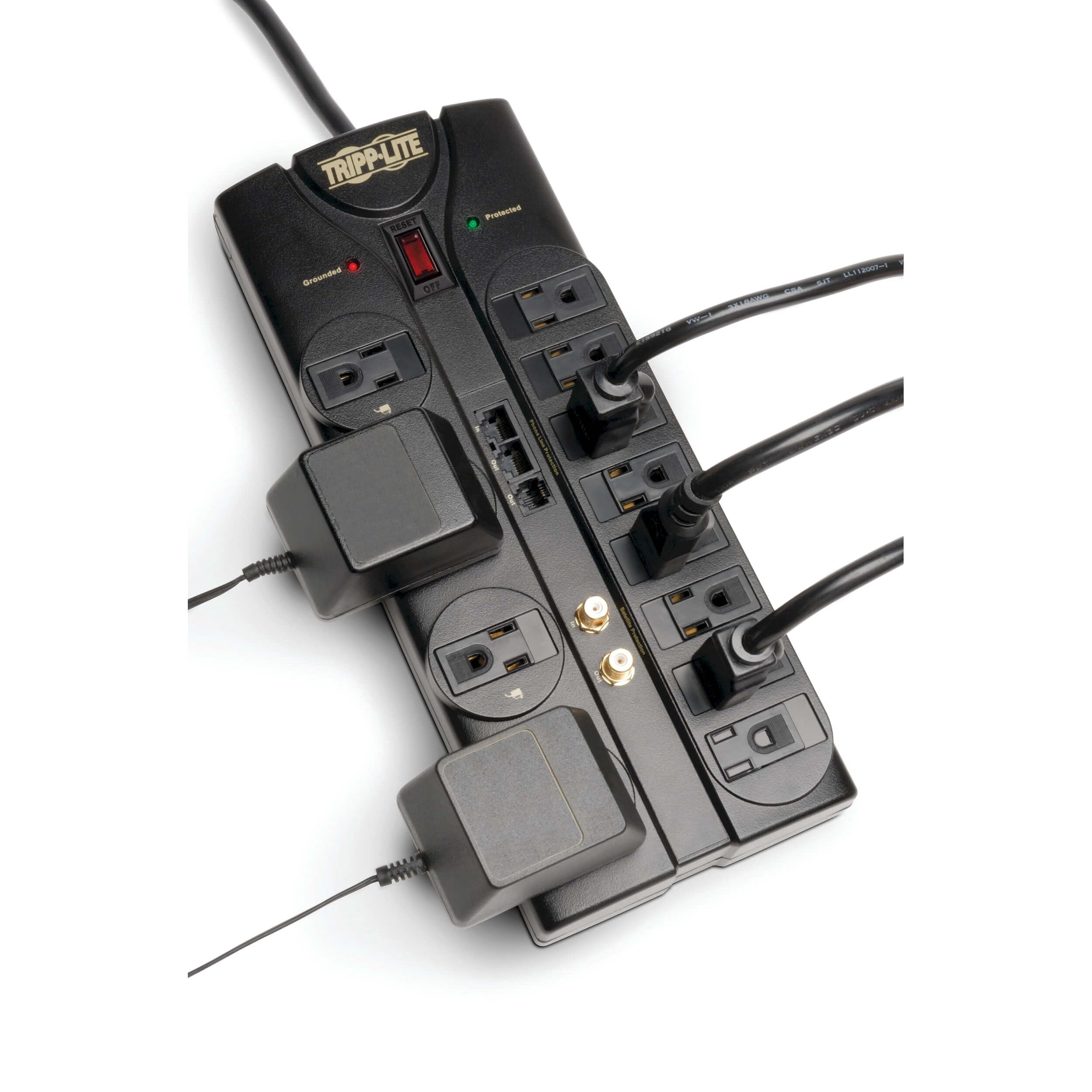 Tripp Lite 12 Outlet Surge Protector Power Strip, 8ft Cord, Right-Angle Plug, Tel/Modem/Coax/Ethernet Protection, RJ11, RJ45, & $250,000 INSURANCE (TLP1208SAT) Black CA2