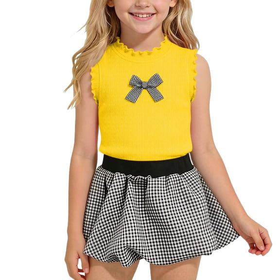 ITSAME Girls Summer Outfits 2-Piece Bow Ruffle Tank and Plaid Print Puffy Skirt Fashion Casual Clothes Set Yellow Size 9-10