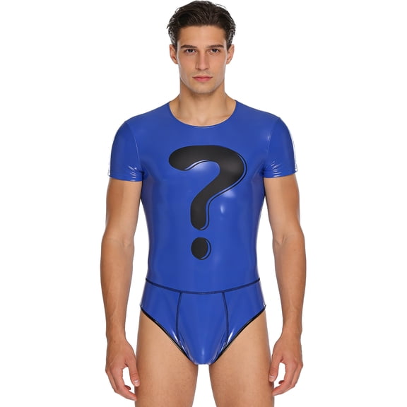 Hansber Leotards for Men Short Sleeve Question Mark Slim Fit Romper Wet Look PU Leather One Piece Leotard Royal Blue M