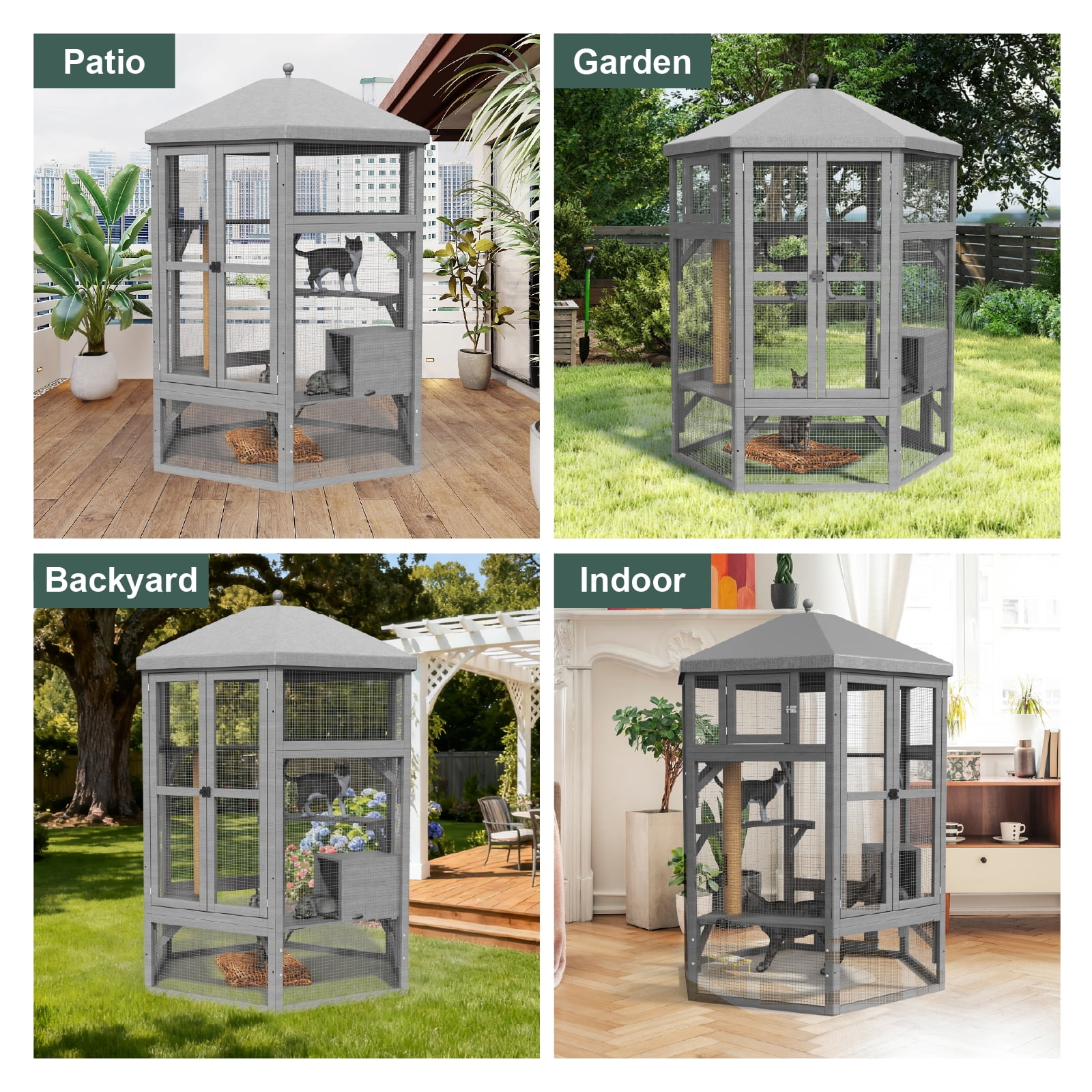 TIMHAKA 65" Catio Outdoor Cat Enclosure, Large Cat House w/ Waterproof Roof, Window Access, Multiple Platforms & Scratching Post for Multi-Cat Use, Gray