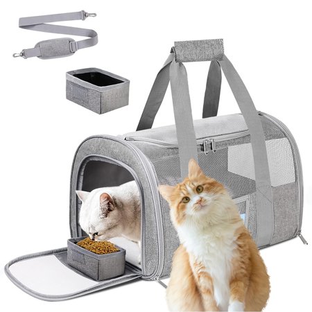Katinyos Pet Carrier Airline Approved, Cat Carrier with Locking Safety Zippers, Collapsible Soft Sided and Foldable Bowl, Cat Bag Carrier for Small-Medium Cats Puppies up to 25 lbs