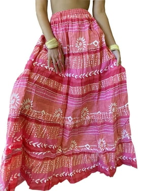 Mogul Women Maxi Long Skirt Pink White Printed A-Line Cotton Summer Style Summer Gypsy Skirts S/M