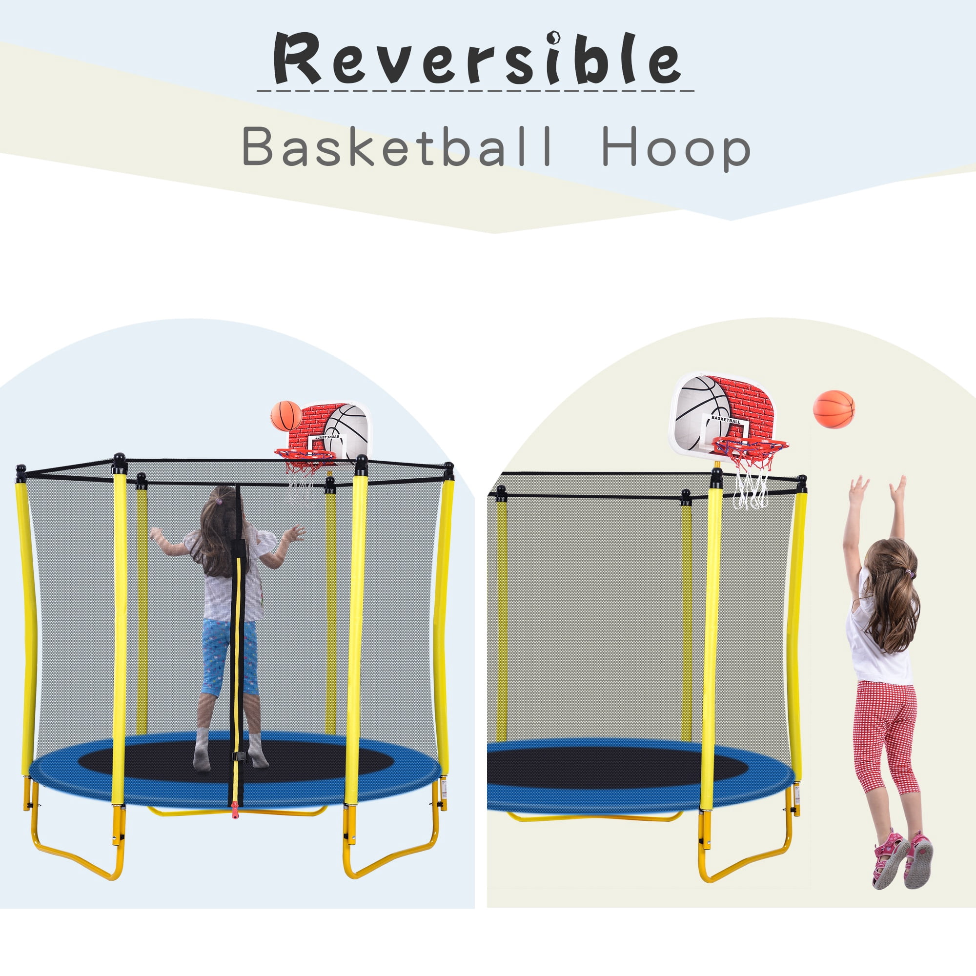 Seizeen 5.5' Trampoline for Kids, 2-IN-1 Mini Toddler Trampoline with Enclosure, Basketball Hoop and Ball, Yellow