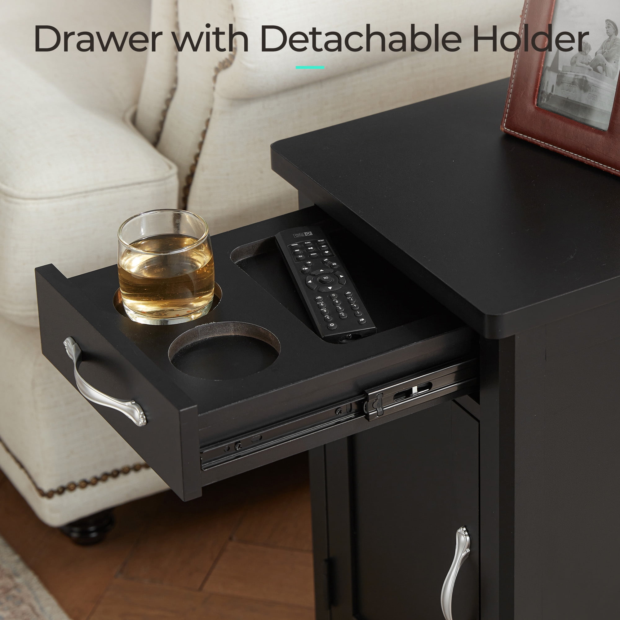 LINSY HOME End Tables for Living Room with Charging Station, Nightstand for Bedroom with Drawer and Detachable Holder,Black