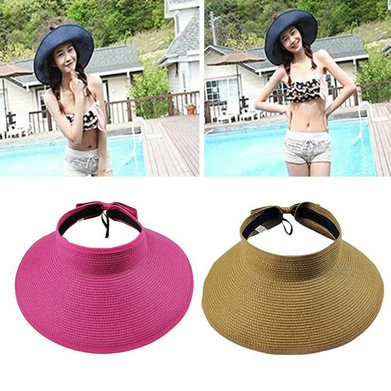 Sun Visor Hats For Women Wide Brim Straw Roll-Up Ponytail Summer