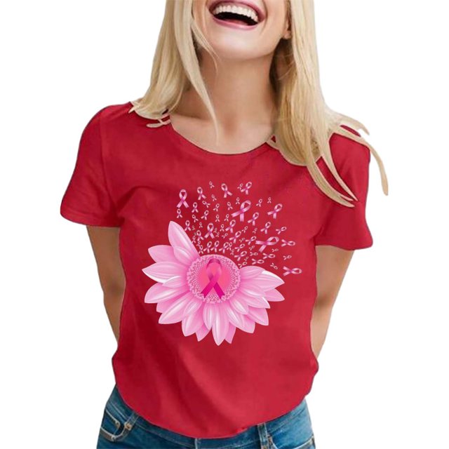 Rigardu T-Shirts pour Femmes Graphiques Journée de Sensibilisation au Cancer du Sein Imprimé Manches Courtes Col Rond T-Shirt T-Shirts pour Femmes Manches Courtes Rouge S