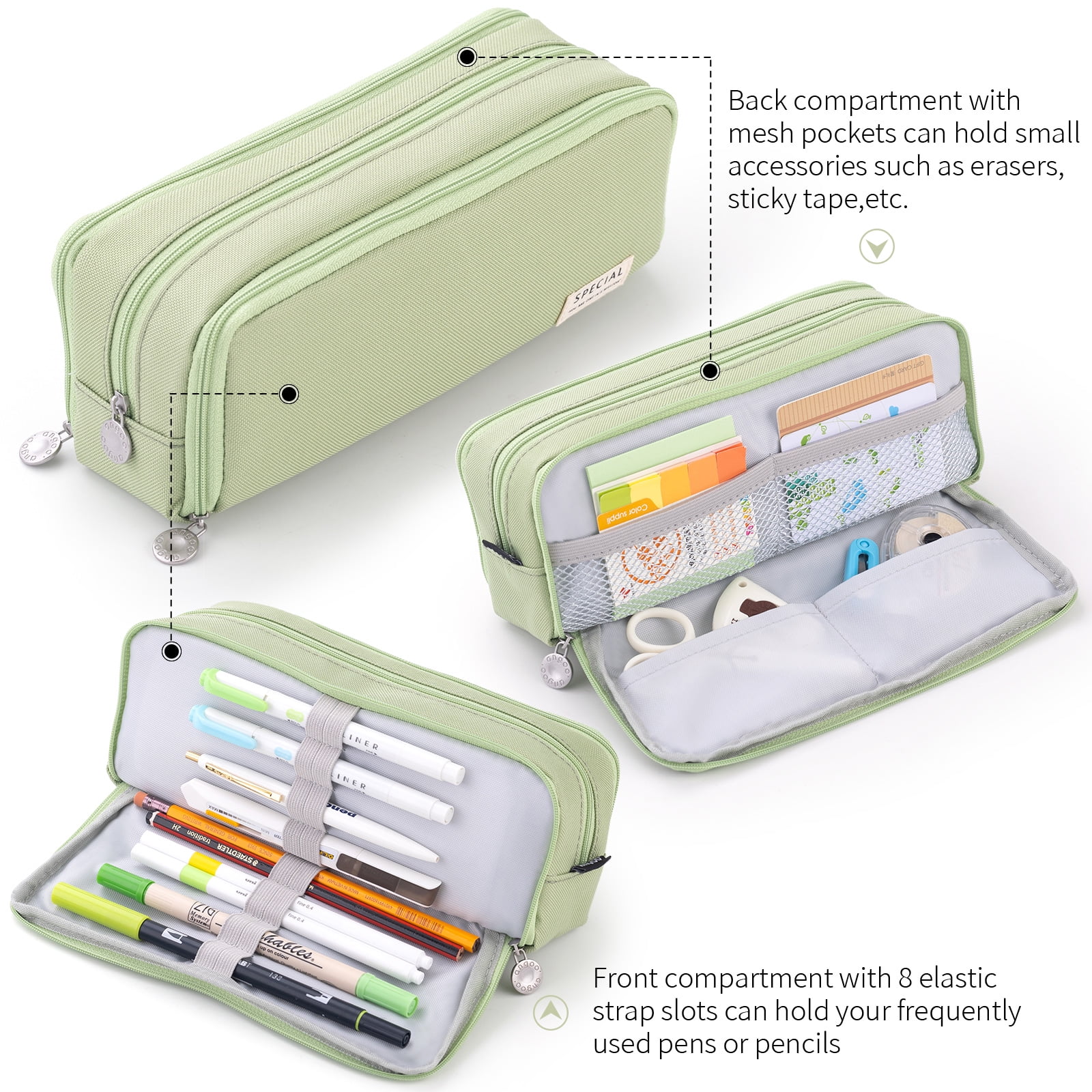 Large Capacity Zipper Pencil Case Pouch with 3 Compartments