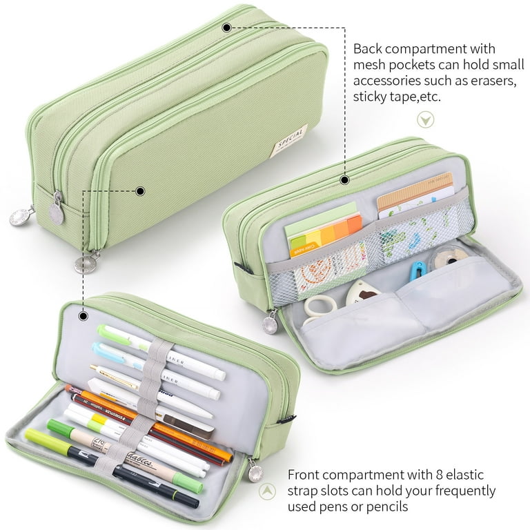 CICIMELON Large Capacity Pencil Case 3 Compartment Pen Pouch Bag for School  Teens Girls Boys Men Women (Green)