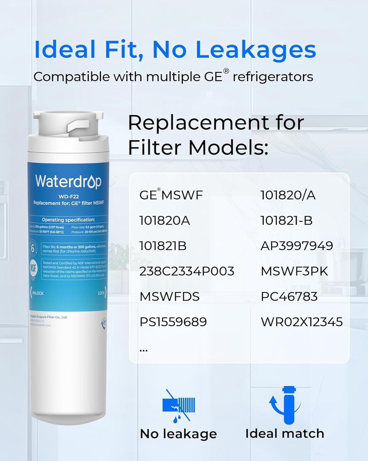 Waterdrop MSWF Refrigerator Water Filter, Replacement for GE® MSWF, 101820A, 101821B, RWF1500A, NSF 42&372 Certified, Pack of 4 (Package May Vary)