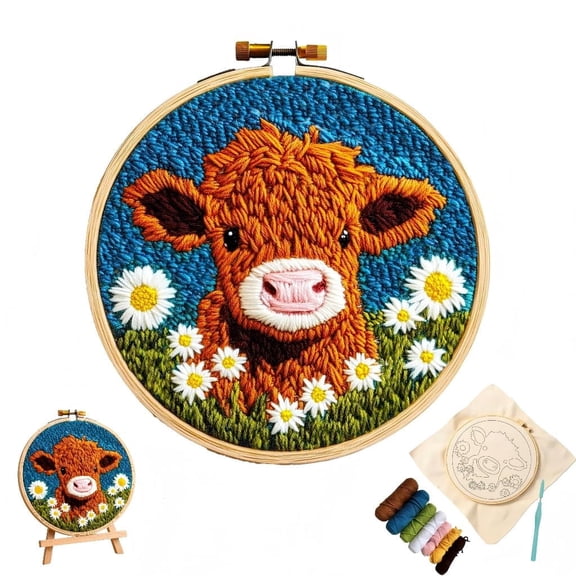 DIY Punch Needle Kit – Highland Cow with Daisy Flower, 8x8in Hoop, Stamped Pattern for Beginners, Embroidery Starter Craft Set for Adults, Festival Gift & Home Decoration