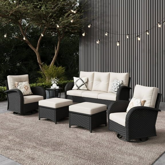 LayinSun 6 Pieces Outdoor Patio Furniture Set, Rattan Wicker Sectional Swivel Rocker Chairs Sets
